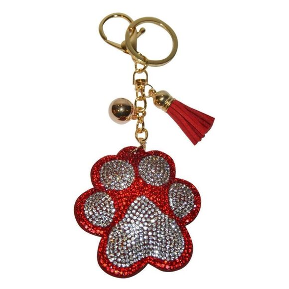 🩷3/$15🩷 Red Dog Paw Print Rhinestone Bling Keychain with tassel, gold hardware - Picture 1 of 2